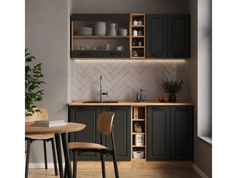 Vicco R-Line Singleküche Anthrazit Landhaus/Goldkraft Eiche 160 cm AP Eiche ohne E-Geräte