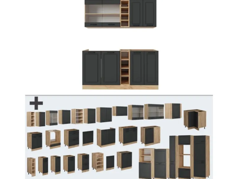 Vicco R-Line Singleküche Anthrazit Landhaus/Goldkraft Eiche 160 cm AP Eiche ohne E-Geräte