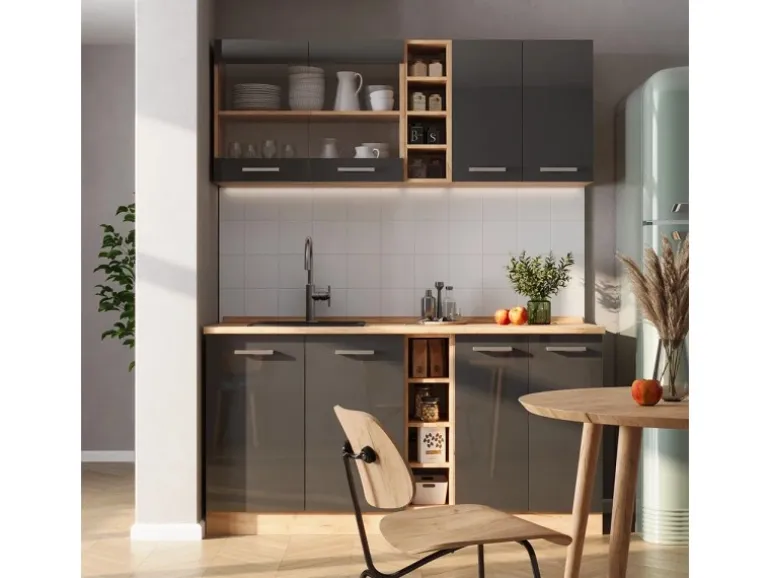 Vicco R-Line Singleküche Anthrazit Hochglanz/Goldkraft Eiche 160 cm AP Anthrazit ohne E-Geräte