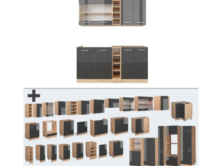 Vicco R-Line Singleküche Anthrazit Hochglanz/Goldkraft Eiche 160 cm AP Anthrazit ohne E-Geräte