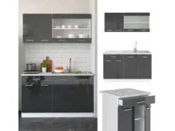 Vicco R-Line Singleküche Anthrazit Hochglanz/Weiß 140 cm AP Marmor ohne E-Geräte