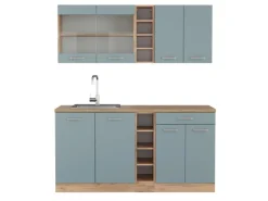Vicco R-Line Singleküche Blau-Grau/Goldkraft Eiche 160 cm AP Eiche ohne E-Geräte