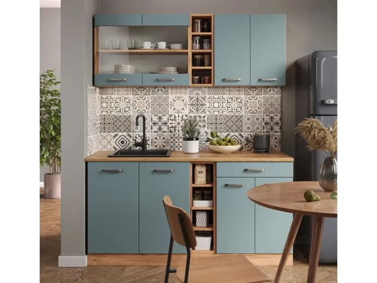 Vicco R-Line Singleküche Blau-Grau/Goldkraft Eiche 160 cm AP Eiche ohne E-Geräte