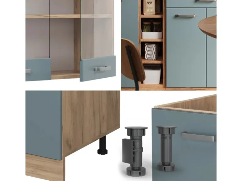 Vicco R-Line Singleküche Blau-Grau/Goldkraft Eiche 160 cm AP Eiche ohne E-Geräte