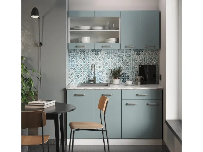 Vicco R-Line Singleküche Blau-Grau/Weiß 140 cm AP Eiche ohne E-Geräte