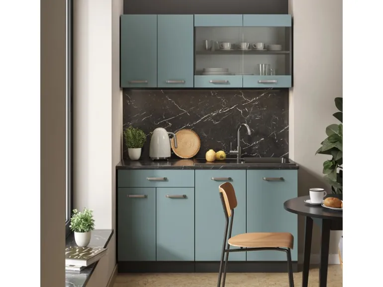 Vicco R-Line Singleküche Blau-Grau/Anthrazit 140 cm AP Anthrazit ohne E-Geräte