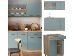 Vicco R-Line Singleküche Blau-Grau/Goldkraft Eiche 140 cm AP Marmor ohne E-Geräte