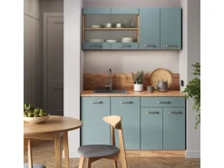 Vicco R-Line Singleküche Blau-Grau/Goldkraft Eiche 140 cm AP Marmor ohne E-Geräte
