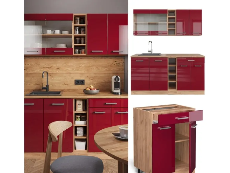 Vicco R-Line Singleküche Bordeaux Hochglanz/Goldkraft Eiche 160 cm AP Anthrazit ohne E-Geräte