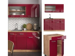 Vicco R-Line Singleküche Bordeaux Hochglanz/Goldkraft Eiche 140 cm AP Eiche ohne E-Geräte