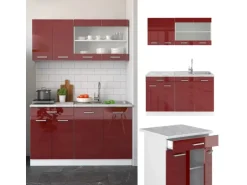 Vicco R-Line Singleküche Bordeaux Hochglanz/Weiß 140 cm AP Marmor ohne E-Geräte