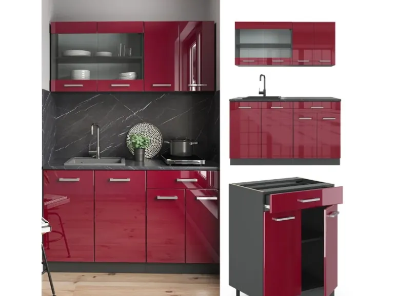 Vicco R-Line Singleküche Bordeaux Hochglanz/Anthrazit 140 cm AP Anthrazit ohne E-Geräte