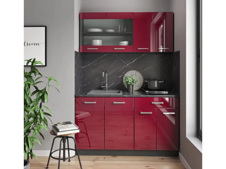 Vicco R-Line Singleküche Bordeaux Hochglanz/Anthrazit 140 cm AP Anthrazit ohne E-Geräte