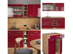 Vicco R-Line Singleküche Bordeaux Hochglanz/Goldkraft Eiche 160 cm AP Eiche ohne E-Geräte