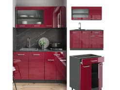 Vicco R-Line Singleküche Bordeaux Hochglanz/Anthrazit 140 cm AP Marmor ohne E-Geräte
