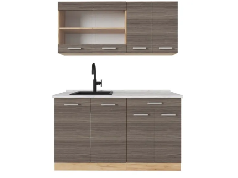 Vicco R-Line Singleküche Edelgrau/Goldkraft Eiche 140 cm AP Marmor ohne E-Geräte