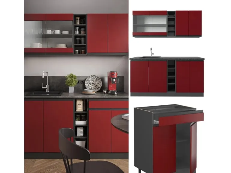 Vicco R-Line Singleküche Rot/Anthrazit 160 cm AP Eiche ohne E-Geräte