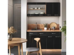 Vicco R-Line Singleküche Schwarz Hochglanz/Goldkraft Eiche 140 cm AP Eiche ohne E-Geräte