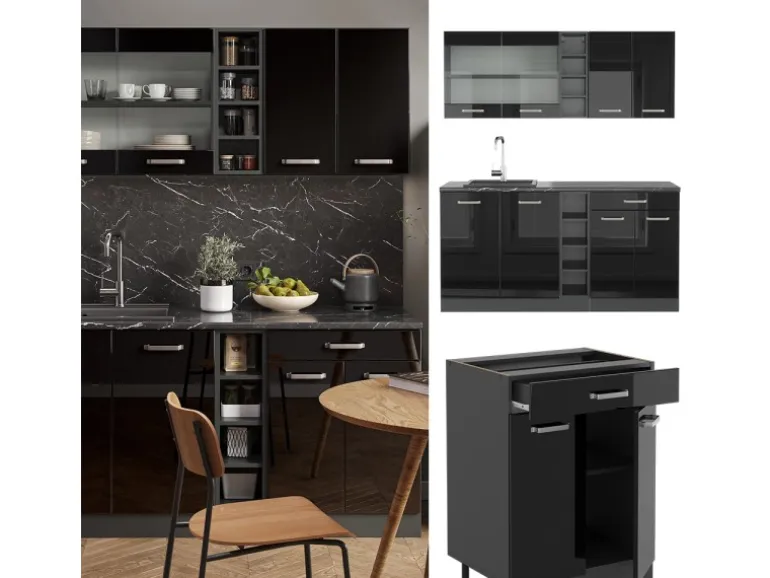 Vicco R-Line Singleküche Schwarz Hochglanz/Anthrazit 160 cm AP Marmor ohne E-Geräte