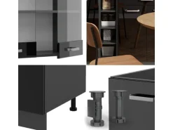 Vicco R-Line Singleküche Schwarz Hochglanz/Anthrazit 160 cm AP Marmor ohne E-Geräte