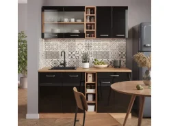 Vicco R-Line Singleküche Schwarz Hochglanz/Goldkraft Eiche 160 cm AP Eiche ohne E-Geräte
