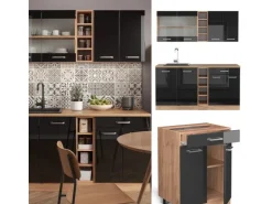 Vicco R-Line Singleküche Schwarz Hochglanz/Goldkraft Eiche 160 cm AP Marmor ohne E-Geräte