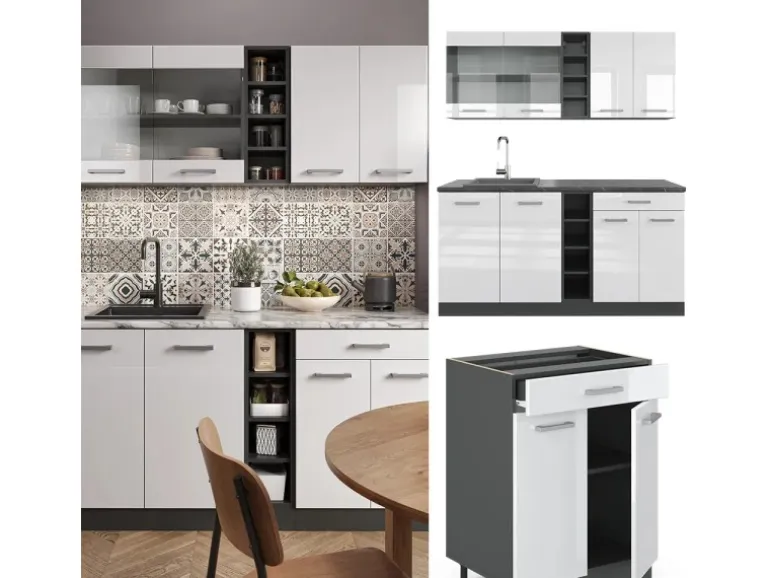 Vicco R-Line Singleküche Weiß Hochglanz/Anthrazit 160 cm ohne Arbeitsplatte ohne E-Geräte