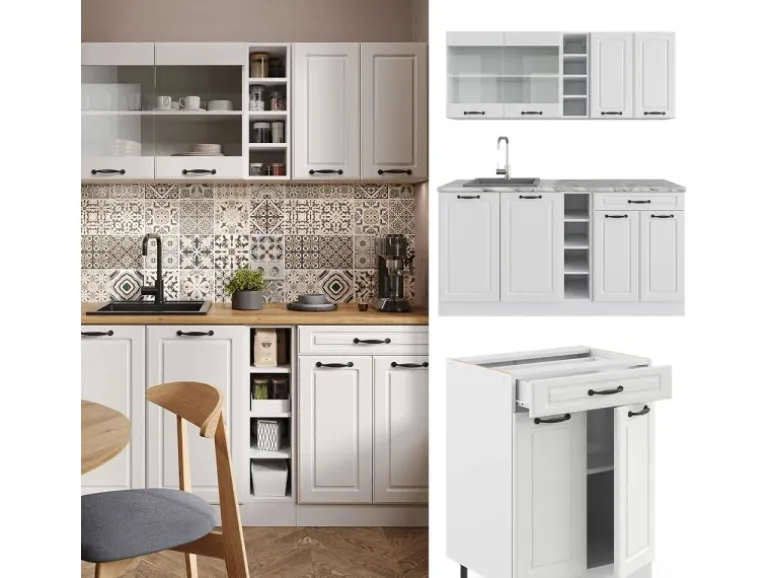 Vicco R-Line Singleküche Weiß Landhaus/Weiß 160 cm ohne Arbeitsplatte ohne E-Geräte