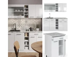 Vicco R-Line Singleküche Weiß Hochglanz/Weiß 160 cm AP Marmor ohne E-Geräte