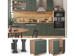 Vicco Spülenunterschrank Fame-Line Grün-Gold Landhaus/Goldkraft Eiche 80 cm mit Regal AP Marmor