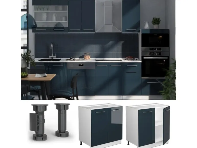 Vicco Spülenunterschrank Fame-Line Dunkelblau Hochglanz/Weiß 80 cm mit Regal AP Anthrazit