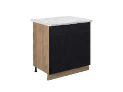 Vicco Spülenunterschrank Fame-Line Schwarz Gestreift 80 cm mit Regal AP Marmor mit Goldkraft Eiche Korpus