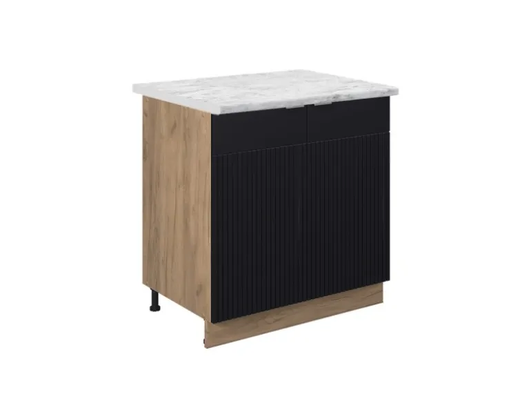 Vicco Spülenunterschrank Fame-Line Schwarz Gestreift 80 cm mit Regal AP Marmor mit Goldkraft Eiche Korpus