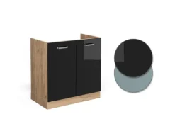 Vicco Spülenunterschrank R-Line Schwarz Hochglanz/Goldkraft Eiche 80 cm AP Marmor