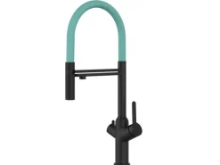 VIZIO 4 Wege Wasserhahn Küchenarmatur BOD mit 360° Schwenkbarem Auslauf Abnehmbare 2 Strahl Handbrause Schwarz Matt Türkis