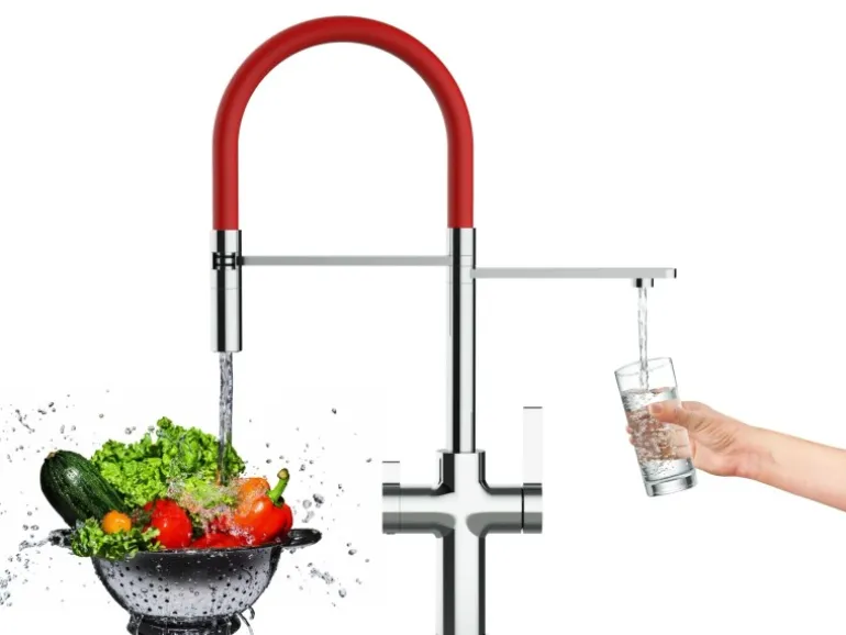 VIZIO 3 Wege Wasserhahn Küchenarmatur FC mit 360° Schwenkbarem Auslauf Abnehmbare 2 Strahl Handbrause Verchromt Rot