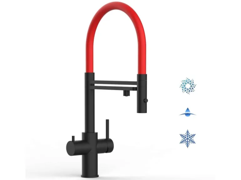 VIZIO 5 Wege Wasserhahn Küchenarmatur Edelstahl Massiv mit 360° Schwenkbarem Auslauf Abnehmbare 2 Strahl Handbrause PVD Schwarz Matt Rot