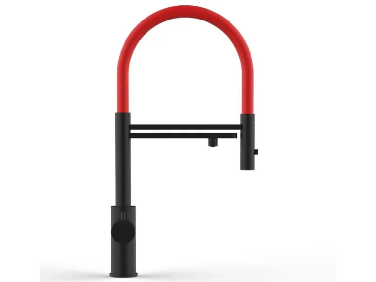 VIZIO 5 Wege Wasserhahn Küchenarmatur Edelstahl Massiv mit 360° Schwenkbarem Auslauf Abnehmbare 2 Strahl Handbrause PVD Schwarz Matt Rot