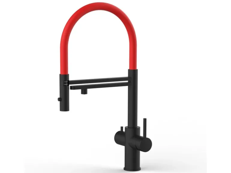 VIZIO 5 Wege Wasserhahn Küchenarmatur Edelstahl Massiv mit 360° Schwenkbarem Auslauf Abnehmbare 2 Strahl Handbrause PVD Schwarz Matt Rot