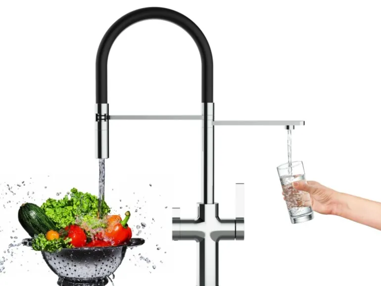 VIZIO 3 Wege Wasserhahn Küchenarmatur FC mit 360° Schwenkbarem Auslauf Abnehmbare 2 Strahl Handbrause Verchromt Schwarz