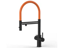 VIZIO 5 Wege Wasserhahn Küchenarmatur Edelstahl Massiv mit 360° Schwenkbarem Auslauf Abnehmbare 2 Strahl Handbrause PVD Schwarz Matt Orange