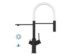 VIZIO 4 Wege Wasserhahn Küchenarmatur BOD mit 360° Schwenkbarem Auslauf Abnehmbare 2 Strahl Handbrause Schwarz Matt   Weiß