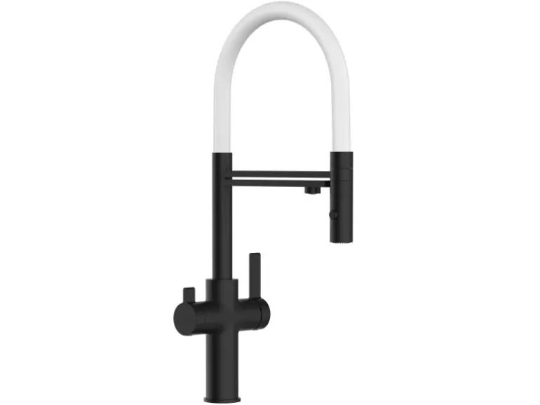 VIZIO 4 Wege Wasserhahn Küchenarmatur FC mit 360° Schwenkbarem Auslauf Abnehmbare 2 Strahl Handbrause Schwarz Matt Weiß