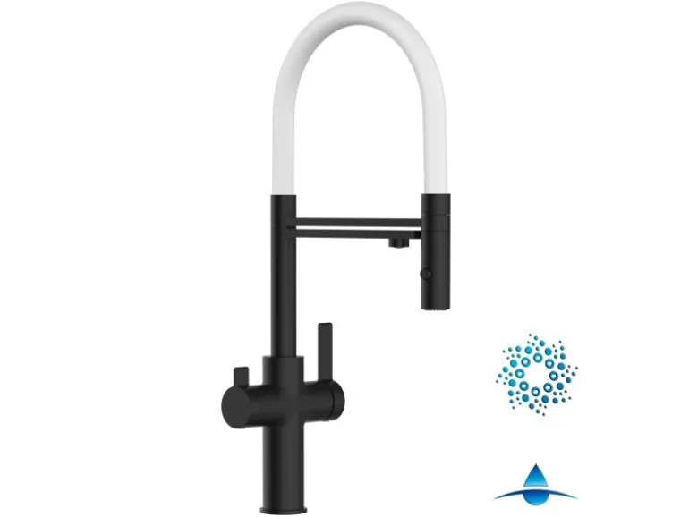 VIZIO 4 Wege Wasserhahn Küchenarmatur FC mit 360° Schwenkbarem Auslauf Abnehmbare 2 Strahl Handbrause Schwarz Matt Weiß