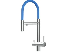VIZIO 3 Wege Wasserhahn Küchenarmatur Edelstahl Massiv mit 360° Schwenkbarem Auslauf Abnehmbare 2 Strahl Handbrause Gebürstet   Blau