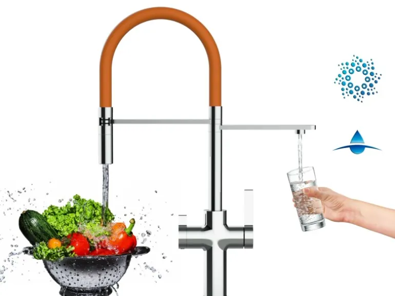 VIZIO 4 Wege Wasserhahn Küchenarmatur FC mit 360° Schwenkbarem Auslauf Abnehmbare 2 Strahl Handbrause Verchromt Orange