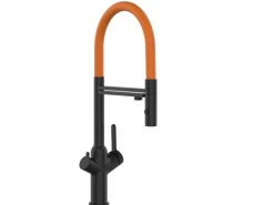 VIZIO 4 Wege Wasserhahn Küchenarmatur BOD mit 360° Schwenkbarem Auslauf Abnehmbare 2 Strahl Handbrause Schwarz Matt   Orange