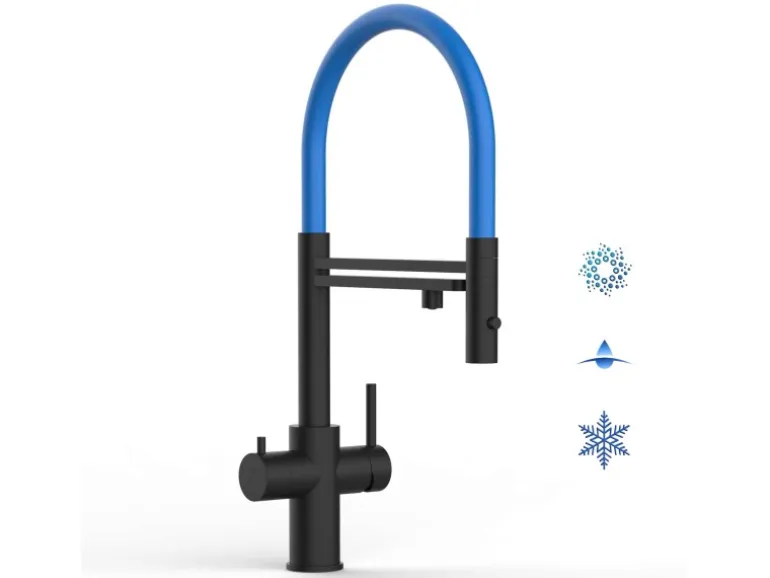 VIZIO 5 Wege Wasserhahn Küchenarmatur Edelstahl Massiv mit 360° Schwenkbarem Auslauf Abnehmbare 2 Strahl Handbrause PVD Schwarz Matt Blau