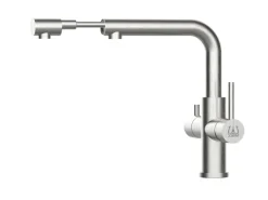 VIZIO 4 Wege Wasserhahn Küchenarmatur Edelstahl Massiv mit Schwenkbarem L Auslauf und Herausziehbarer Brause Gebürstet