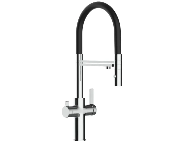 VIZIO 4 Wege Wasserhahn Küchenarmatur FC mit 360° Schwenkbarem Auslauf Abnehmbare 2 Strahl Handbrause Verchromt Schwarz